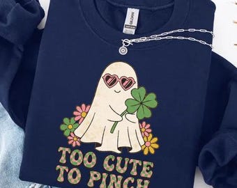 Camiseta "Demasiado linda para pellizcar" de Comfort Colors®, sudadera del Día de San Patricio, camiseta con trébol para profesor, cuello redondo con fantasma adorable, regalo retro de la suerte, rosa festivo
