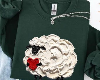 Camisa de oveja de San Valentín Comfort Colors®, sudadera con corazón, camiseta de cordero coqueta, regalo de animal de granja, top con estética adorable, cuello redondo navideño