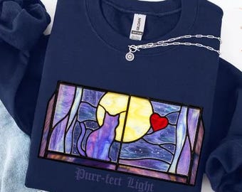 Camiseta de gato con vitrales Comfort Colors®, sudadera ligera y perfecta, regalo divertido para amantes de los gatos, camiseta con diseño de animales, top con luna mística, idea para San Valentín
