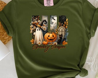 Camiseta de colores cómodos de temporada espeluznante, camiseta de fantasma lindo, camiseta de gato negro, camiseta de calabaza, camiseta de Halloween