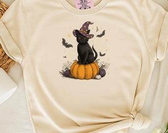 Camiseta retro de calabaza y gato con colores cómodos: camiseta con gráfico de otoño