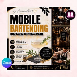 Puede incluir: Un folleto de coctelería móvil con el texto Mobile Bartending, Elevate Your Event y We Bring The Bar To You. Incluye imágenes de un cóctel, un camarero y un letrero que dice Good Drinks Good Vibes, junto con iconos de eventos.
