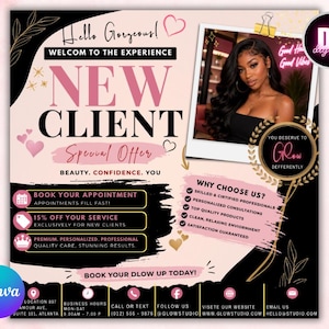 May include: A promotional flyer for a beauty studio featuring the text Hello Gorgeous, New Client Special Offer, and 15% Off Your Service. The design includes a photo of a person, black and pink accents, heart icons, and contact information.