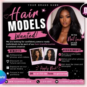 Könnte beinhalten: Ein schwarzer und rosa digitaler Flyer für Haarmodels mit dem Text Hair Models Wanted, Be the Next Face of Our Brand und Apply Now. Er enthält ein kreisförmiges Porträt einer Person mit langem dunklen Haar und zwei kleinere quadratische Fotos.