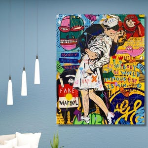 Banksy Kiss Canvas Wall Art – Iconic Graffiti Street Art Print – Modern Urban Pop Artwork for Bedroom, Living Room, and Office Decor
