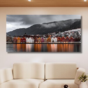Colorful Bryggen – Bergen Norway Historic Harbor Canvas Wall Art - Modern Art Print for Home and Office Decoration