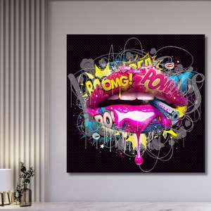 Banksy Graffiti Lips Canvas Wall Art – Urban Street Art Print – Modern Pop Artwork for Contemporary Home and Office Decor