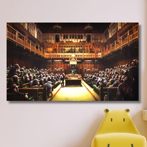Thinking Monkeys in Parliament Canvas Art, Surreal Animal Painting