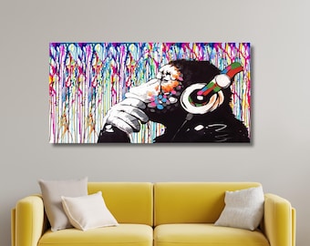 Banksy DJ Monkey Canvas Wall Art, Thinking Monkey Headphones Street Print