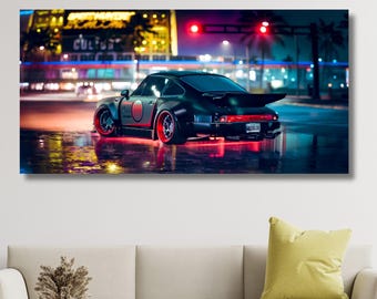 Porsche Turbo Canvas, Neon Cyberpunk Car Wall Art, Dark Synthwave Automotive Poster Print