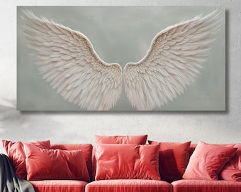 White Angel Wings Canvas Wall Art – Modern Angelic Home Decor, Spiritual Minimalist Wall Print