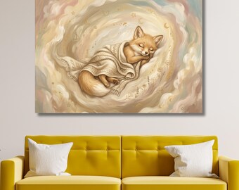 Sleeping Baby Fox on Moon and Clouds Canvas Wall Art, Nursery Woodland Poster Print