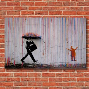 Arte callejero inspirado en Banksy, lienzo para pared, pintura de grafiti moderna de hombre con paraguas y niño, impresión de decoración urbana para el hogar.