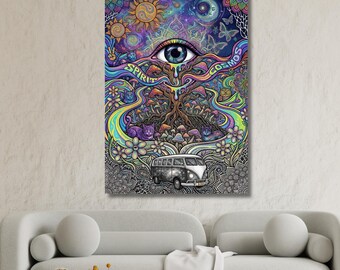 Psychedelic Cosmic Eye Canvas Wall Art, Trippy Mushroom Mini Van Print, Surreal Hippie Decor