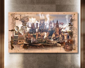 Steampunk Cityscape Canvas Wall Art | Colorful Retro Futuristic Mural | Industrial Fantasy Home Decor