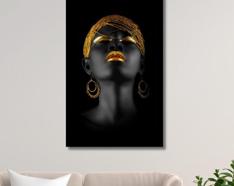 Gold Lips Queen Portrait || Black and Gold Vertical Wall Art