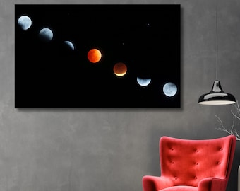 Lienzo con las fases del eclipse lunar total / Arte mural con la secuencia de la luna de sangre / Impresión fotográfica de astronomía celestial