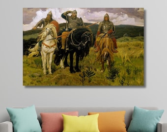 The Bogatyrs by Viktor Vasnetsov Canvas Art, Three Heroes Russian Mythology Wall Decor