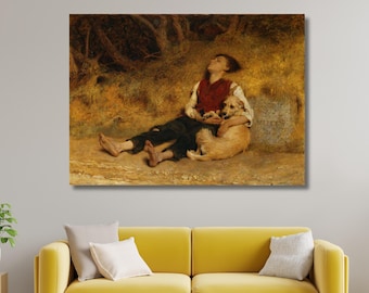 May include: A canvas print of a painting depicting a young person resting with a dog. The person wears a red vest and dark pants, while the dog has light brown fur. The background features a natural setting with trees and foliage.