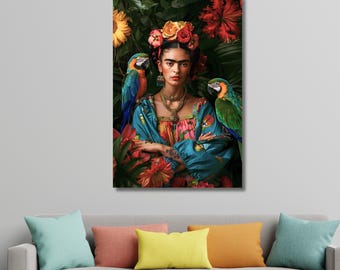 Frida Kahlo with Parrots Canvas Wall Art ||  Me and My Parrots Self Portrait