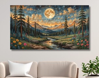 Full Sun Canvas Art | Fantasy Mountain Forest River Wall Print