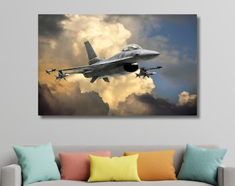 F-16 Fighting Falcon Canvas Wall Art, Modern Fighter Jet Decor, Military Aviation Print