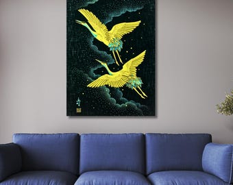 Golden Cranes in Night Sky – Japanese Style Canvas Wall Art