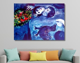 Blue Lovers by Marc Chagall Canvas Art, Romantic Couple Floating in Blue Wall Decor
