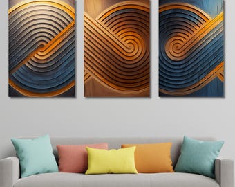 Set of 3 Abstract Curve Canvas Triptych, 3D Look Mid-Century Modern Line Art