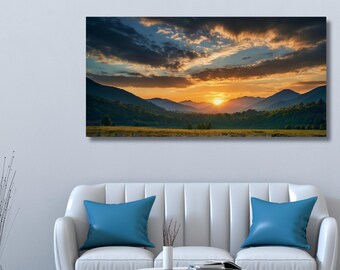 Goldener Sonnenuntergang Berg Leinwand Wandkunst | Große Naturlandschaft als Print für das Home Decor