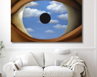 ルネ・マグリット作「偽りの鏡」キャンバスアート、雲を描いたシュル