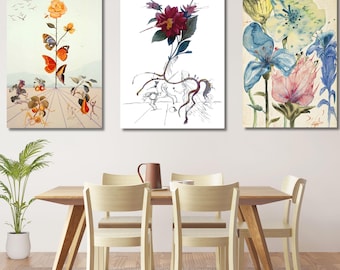 Salvador Dali Canvas Art Prints, Surrealist Kitchen Decor, Set of 3