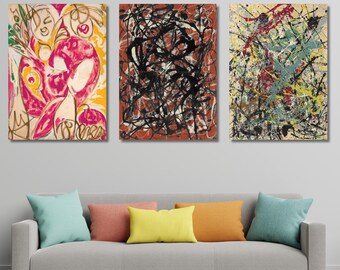 Pollock Style Canvas Art Triptych, Large Abstract Expressionism Prints Set of 3