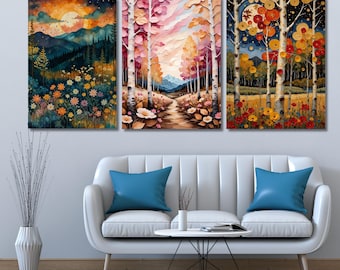 Gustav Klimt Triptych Canvas Wall Art – Abstract Forest and Leaves Set, Elegant Modern Decor