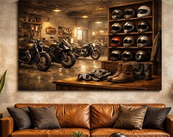 Motorcycle Garage Canvas Wall Art, Vintage Biker Man Cave Decor, Industrial Motorbike Racing Print