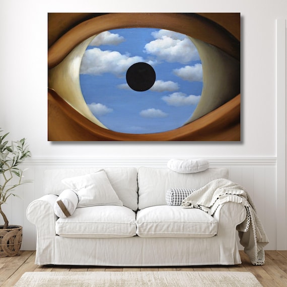 ルネ・マグリット作「偽りの鏡」キャンバスアート、雲を描いたシュル