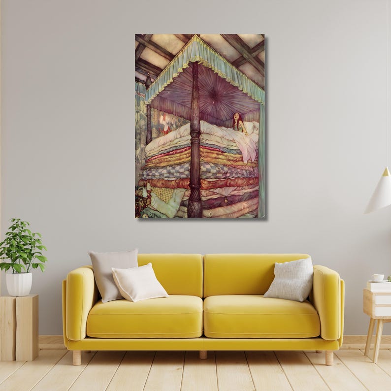 May include: A canvas print of a fairytale illustration showing a princess in a tall bed. The bed is stacked with colourful mattresses and topped with a canopy. The artwork features soft colours and a detailed, vintage style.