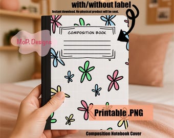 Descarga instantánea imprimible, portada de libro de composición PNG, uso personal, cuaderno de regreso a clases, diario personalizado para niños, archivo digital PNG de flores de colores
