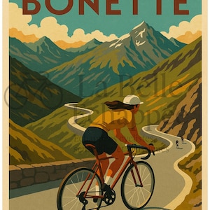 Peut inclure: Affiche vintage d'un cycliste gravissant le Col de la Bonette, dans les Alpes françaises. L'illustration montre une route sinueuse, des montagnes et le texte "COL DE LA BONETTE". Le cycliste porte un maillot jaune et un short noir.