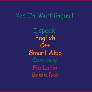 May include: A navy blue background with a red border features the text "Yes I'm Multilingual!" in green. Below, it lists languages and skills: English, C++, Smart Alec, Sarcasm, Pig Latin, and Brain Rot, each in a different color.