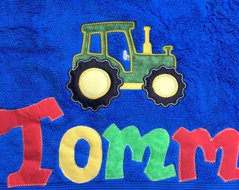 Personalized  BeachTowel applique name ,choose fabric and towel .great for pool bath rest mat  Birthday, graduation Tractor boy camp towel