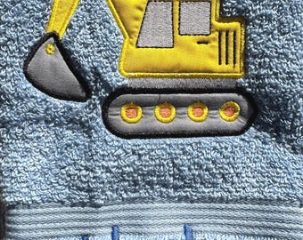 Personalized Excavator Hand Towel, Embroidered Vehicle Applique