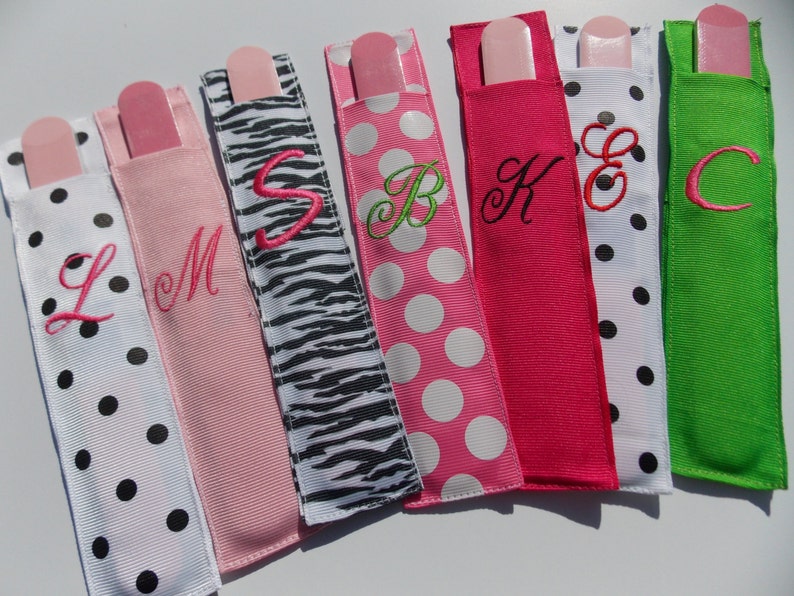 Personalized finger nail file holder Monogramed Grosgrain Initial choose your color File included. Great gift shower gift Nail file case image 2