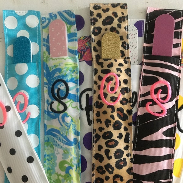 Nail file holder Monogramed nail file case Grosgrain ribbon Initial choose your color File included.sority gift stocking stuffer party favor