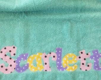 Personalized Towel applique name great for beach, bath. appliqué towel birthday gift rest mat  pool  bath deco