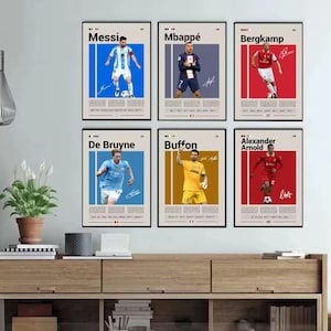 Może przedstawiać: Sześć oprawionych plakatów z piłkarzami Messim, Mbappé, Bergkampem, De Bruyne, Buffonem i Alexandrem Arnoldem. Każdy plakat ma portret zawodnika, jego nazwisko i podpis. Plakaty są w czarnych ramkach.
