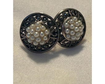 Vintage Sterling Silver Marcasite Faux Pearl Cluster Stud Earrings Art Deco 925