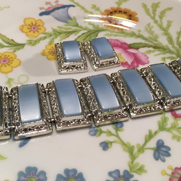 Vintage Signed PAM Chunky Sky Blue Thermoset Panel Bracelet And Earring Demi