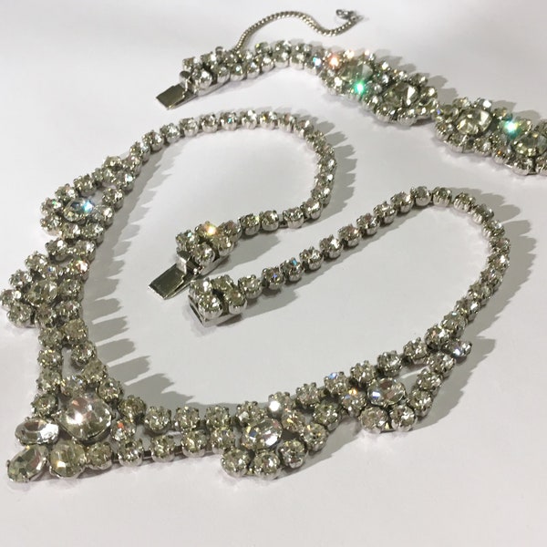 Vintage Unsigned Weiss Style Clear Rhinestone Necklace And Bracelet Set