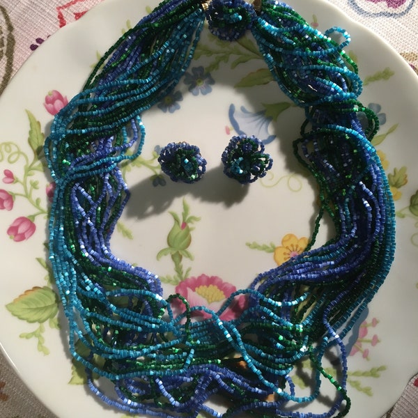 Vintage Blue And Green Seed Beads Multi Strand Torsade Necklace and Earring Demi Parure